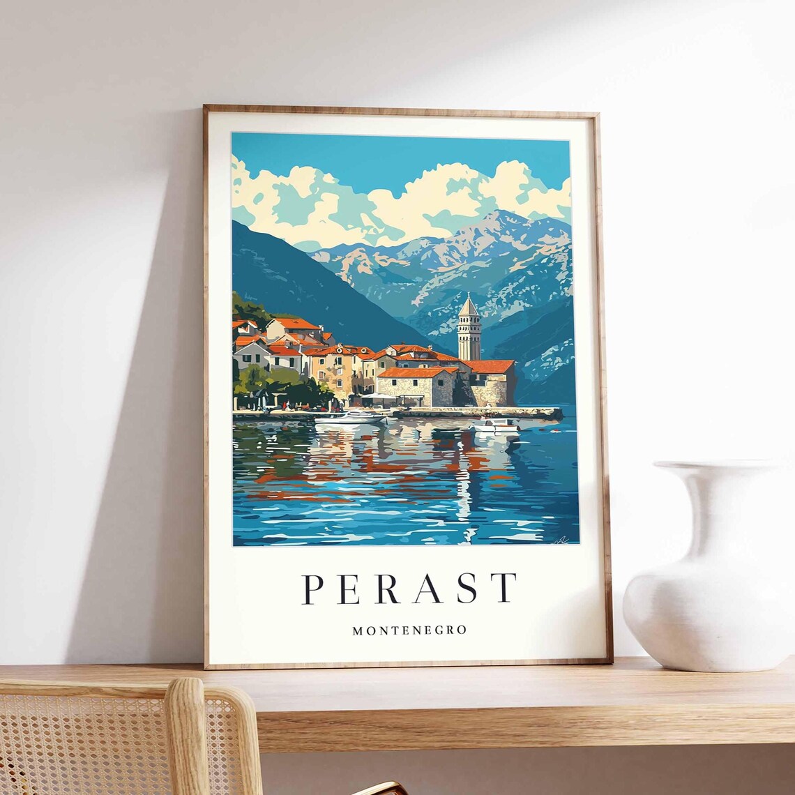 Perast Montenegro Mountain Reflection Colorful Sunset Harbor Poster
