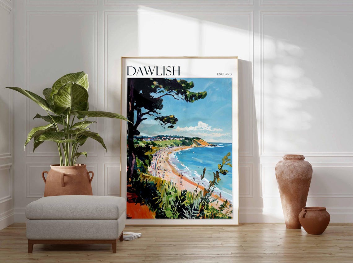 Dawlish England Sandy Beach Red Cliffs Pine Tree Travel Poster - Image 2
