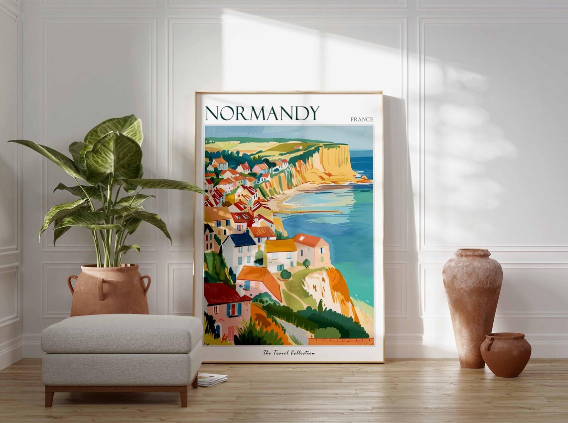 Normandy France Chalk Cliffs Seaside Village Beach Travel Poster - Image 3