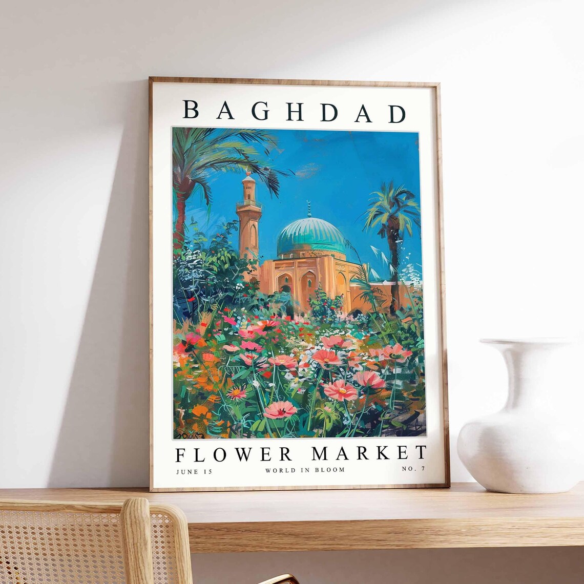 Baghdad Mosque Turquoise Dome Cosmos Bloom Flower Market Poster