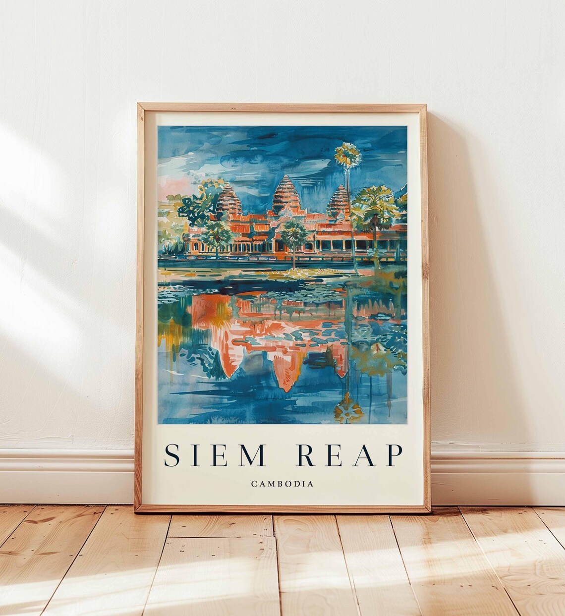 Siem Reap Cambodia Angkor Wat Watercolor Travel Poster Temple Reflection