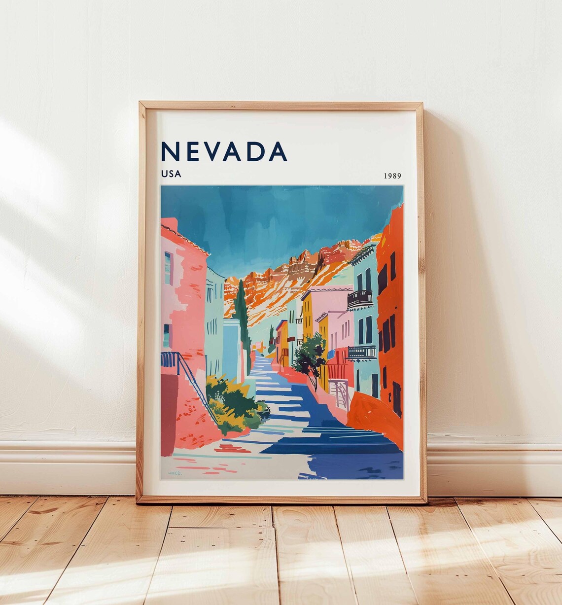 Nevada USA 1989 Colorful Old Town Mountain Street Travel Poster