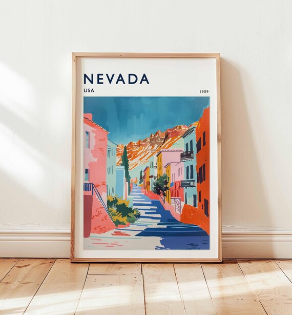 Nevada USA 1989 Colorful Old Town Mountain Street Travel Poster
