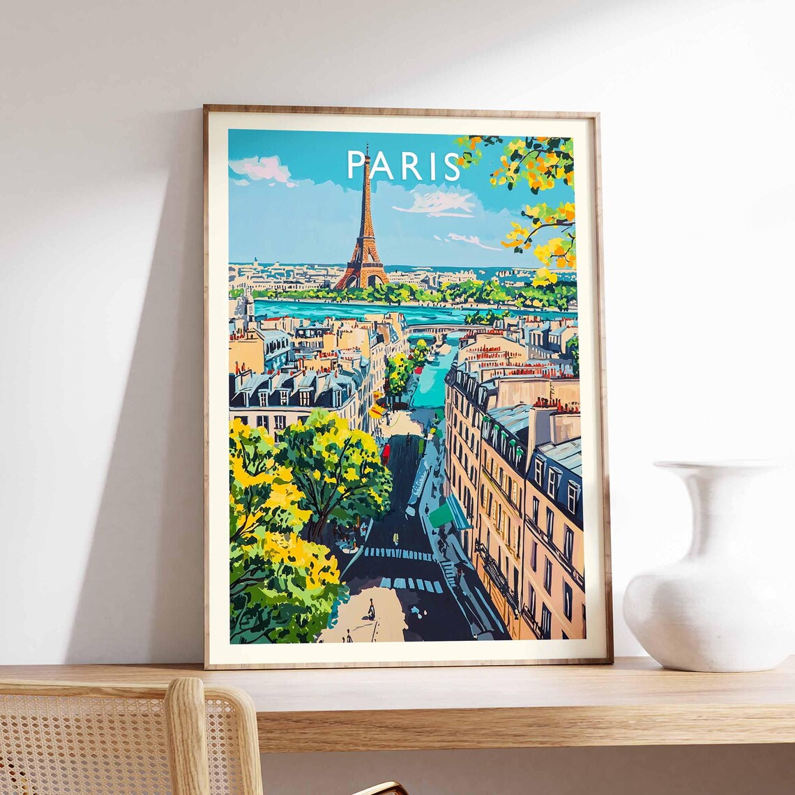 Paris France Eiffel Tower and Seine From Hilltop View Travel Poster