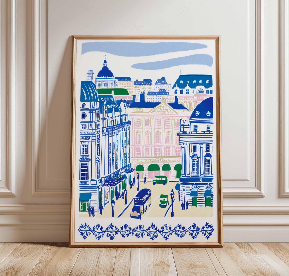 West End London Blue Pink Street Buses Illustrated Travel Poster