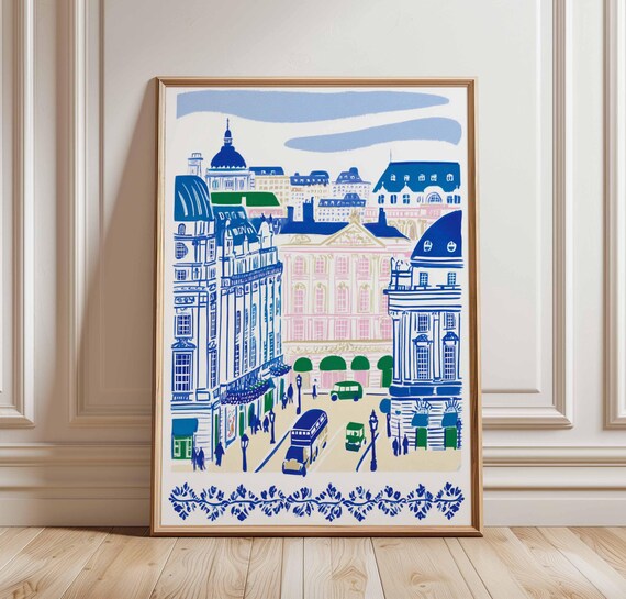 West End London Blue Pink Street Buses Illustrated Travel Poster