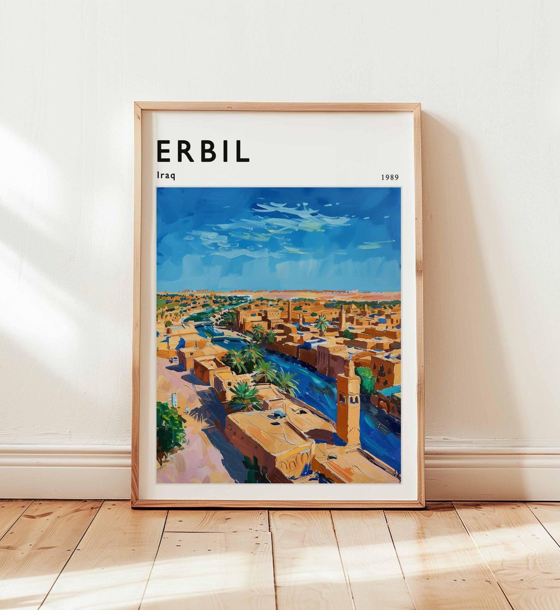 Erbil Iraq 1989 Desert City Minarets Blue Sky Painterly Travel Poster