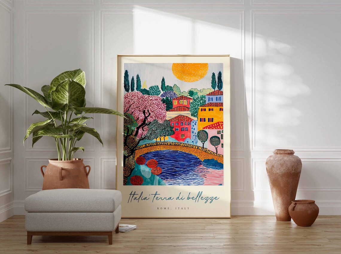 Rome Italy Folk Bridge River Sun Colorful Travel Quote Art Poster - Image 3