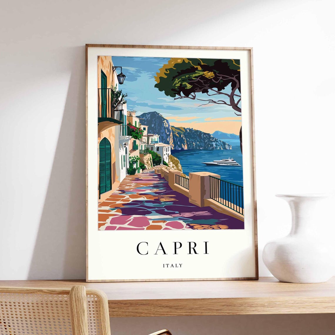 Capri Italy Seaside Path Blue Sea Yacht View Scene Art Poster