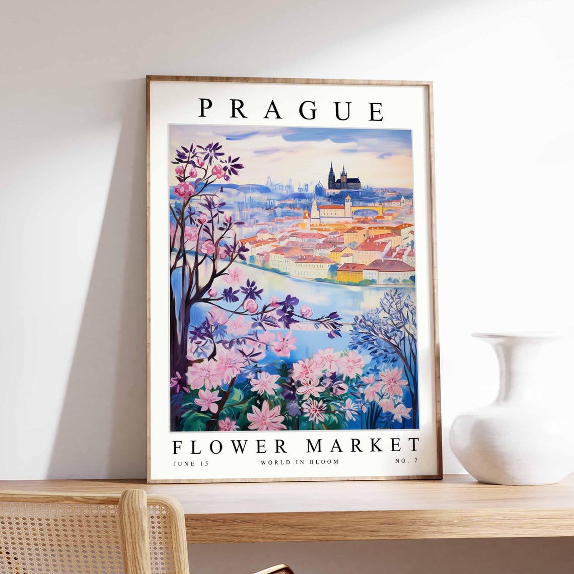 Prague Spring Blossoms Vltava Sunset Pastel City Travel Poster