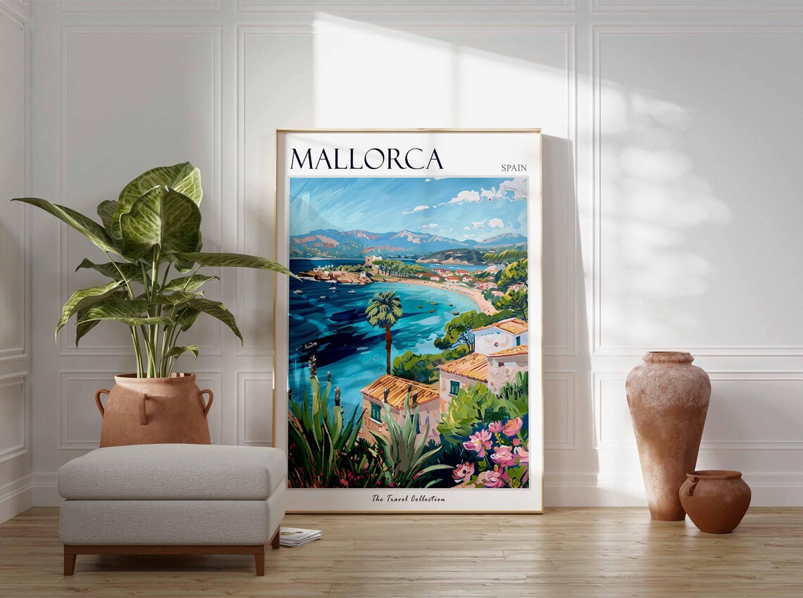 Mallorca Spain Bay Boats Red Roof Houses Garden Travel Poster - Image 3