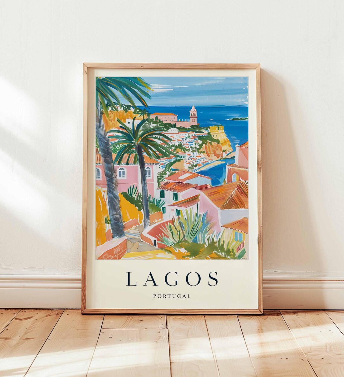 Lagos Portugal Coastal Cliff Town with Palms Vintage Travel Poster