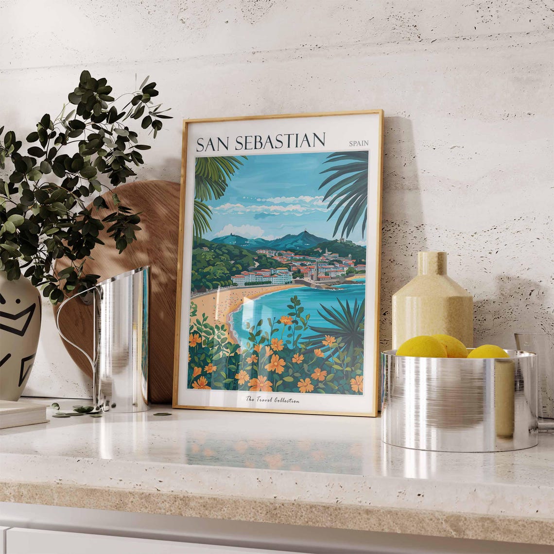 San Sebastian Spain Beach Palm Fronds Orange Flowers Art Poster - Image 3