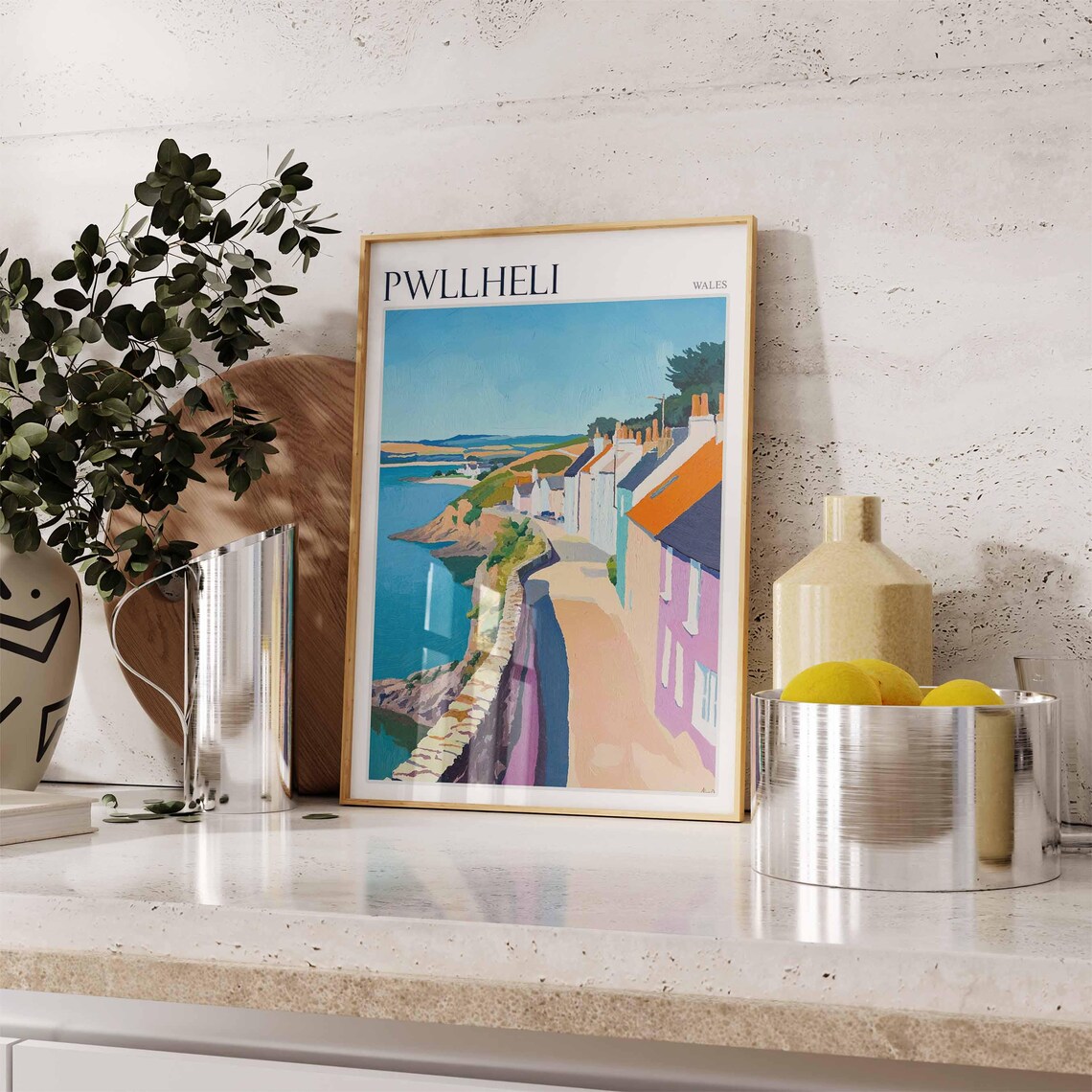 Pwllheli Wales Cliff Top Path Pastel Cottages Rocky Shore Sea Poster - Image 3
