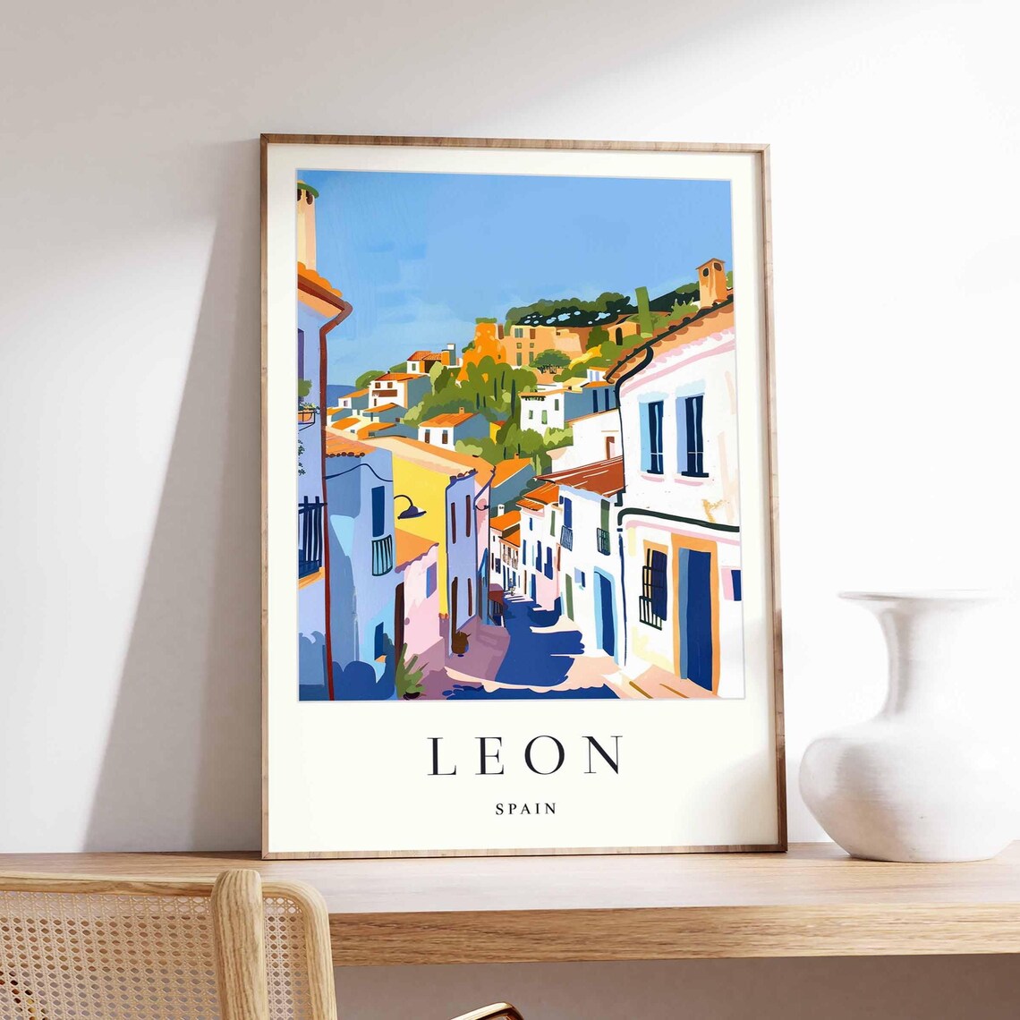 Leon Spain Steep White Street Hilltop Town View Travel Poster
