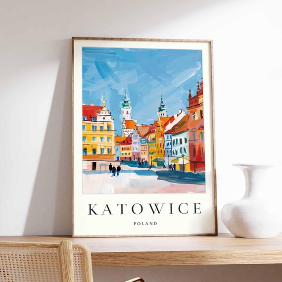 Katowice Poland Old Town Square Colorful Watercolor Travel Art Poster
