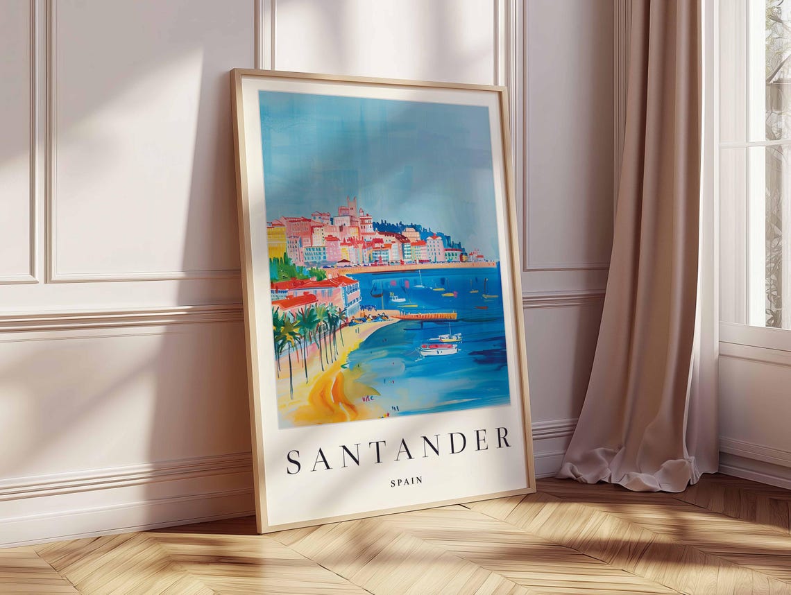 Santander Spain Palm Lined Beach and Blue Bay View Art Poster - Image 2
