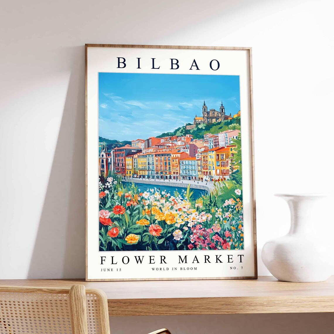 Bilbao Flower Market Colorful Waterfront Hillside Church Poster