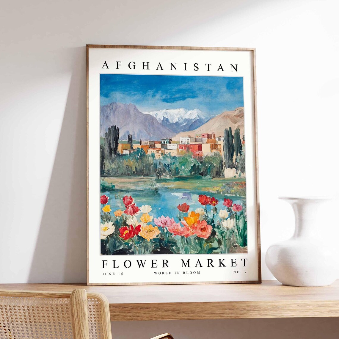Afghanistan Flower Market Tulip Field River Village Snow Poster