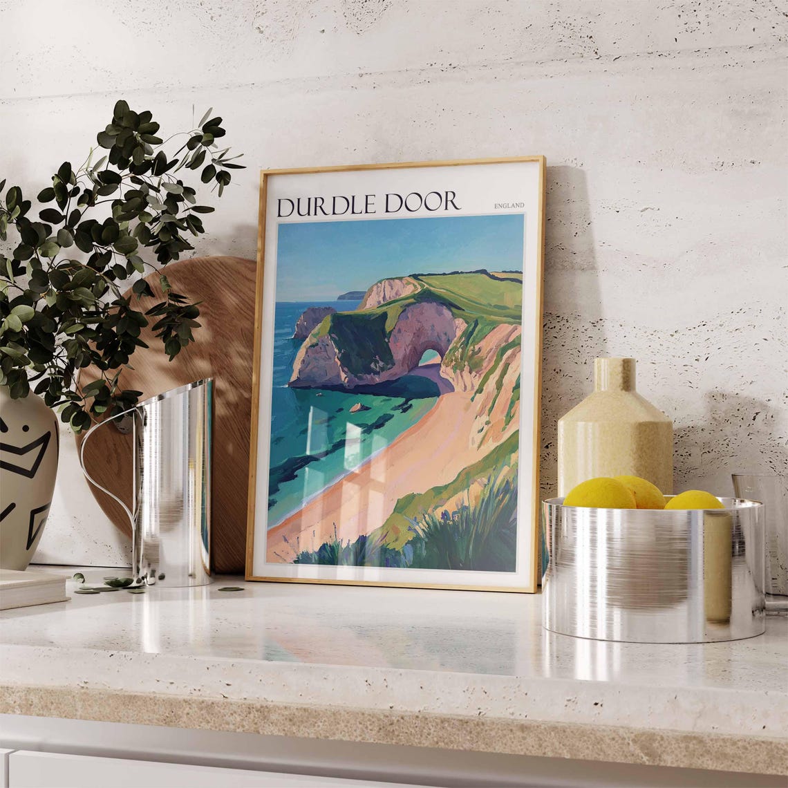 Durdle Door England Sunset Cliffs Chalk Arch Pink Sky Painting Poster - Image 2