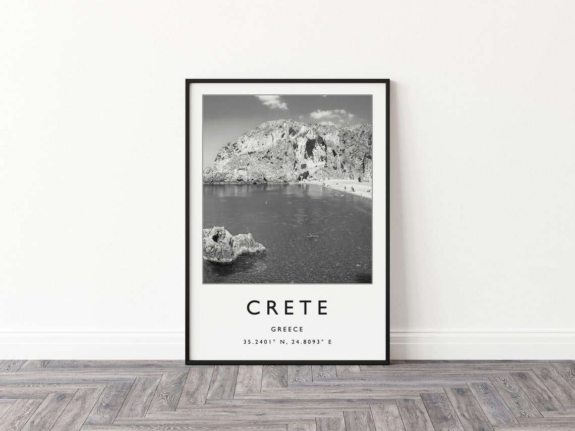 Crete Greece Black and White Rocky Cove Beach Coordinates Photo Print - Image 3