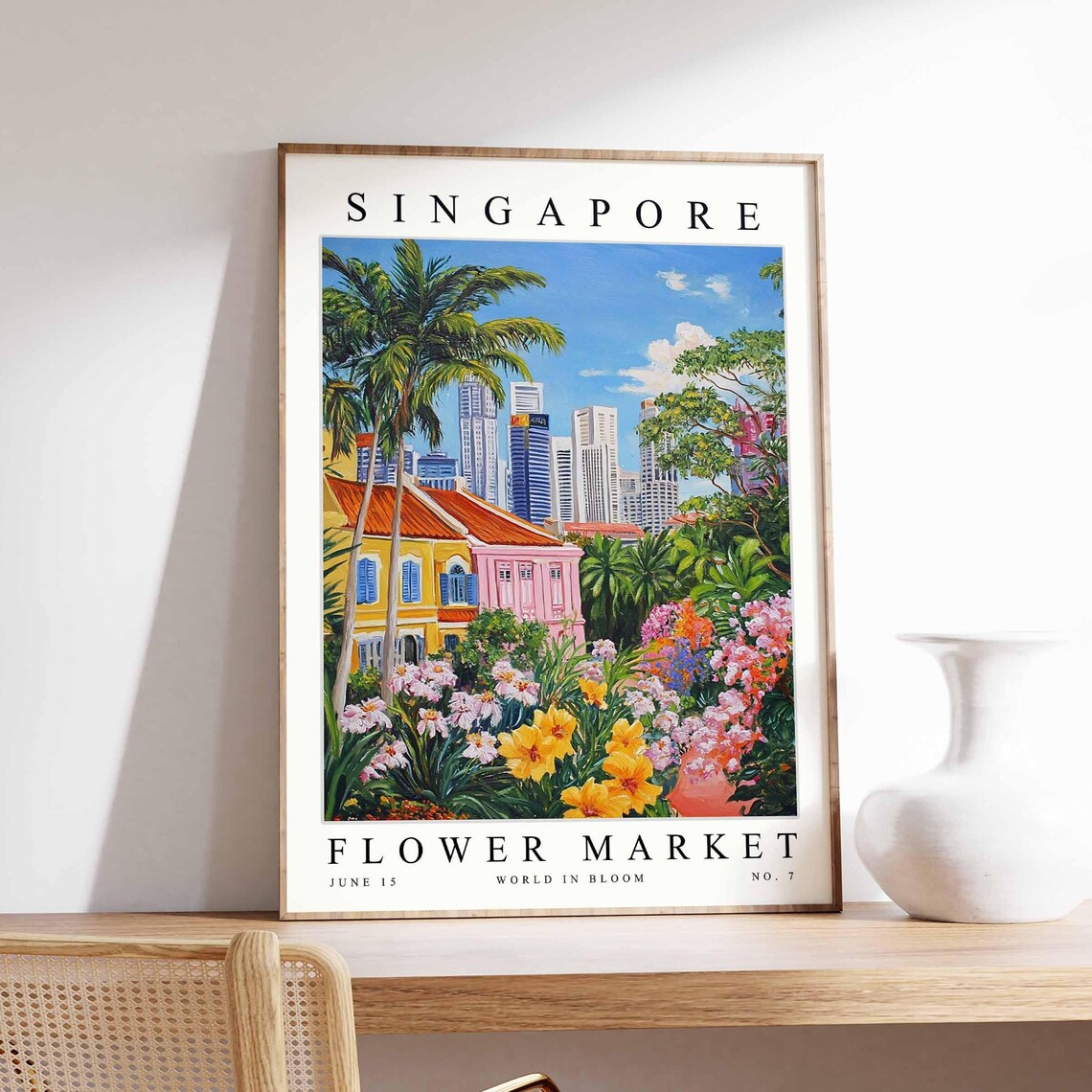 Singapore Flower Market Colorful Shophouses Palms Bloom Garden Poster
