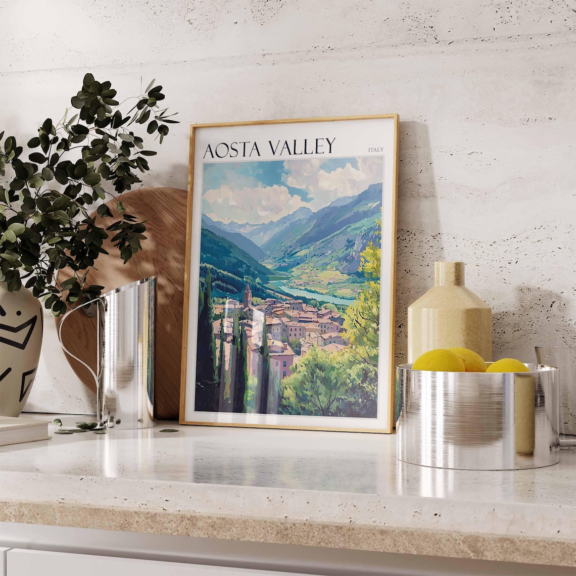 Aosta Valley Italy Green Valley Village Cloudy Mountain Poster - Image 2