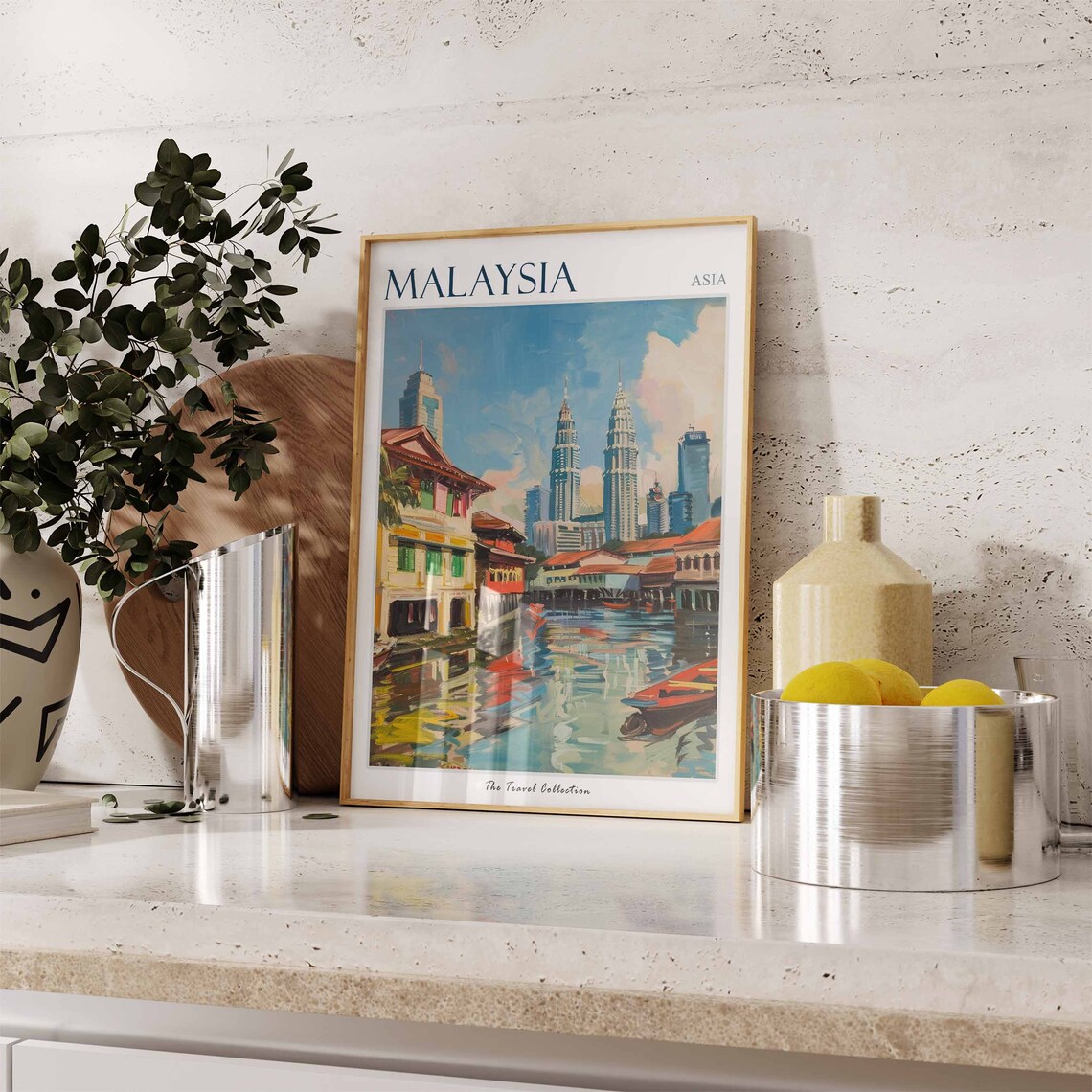 Malaysia Petronas Twin Towers River Shophouses Asia Travel Poster - Image 2