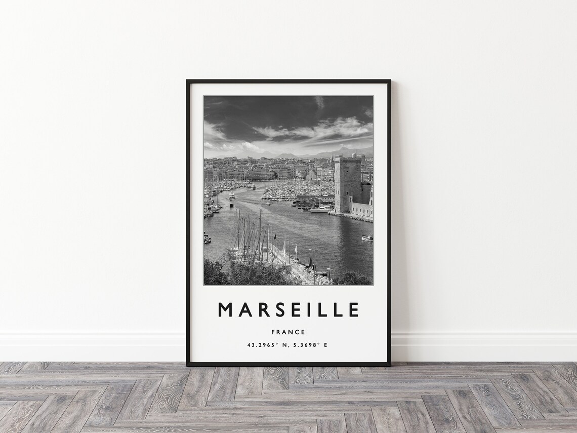 Marseille France Old Harbor Black and White Photography Poster - Image 2