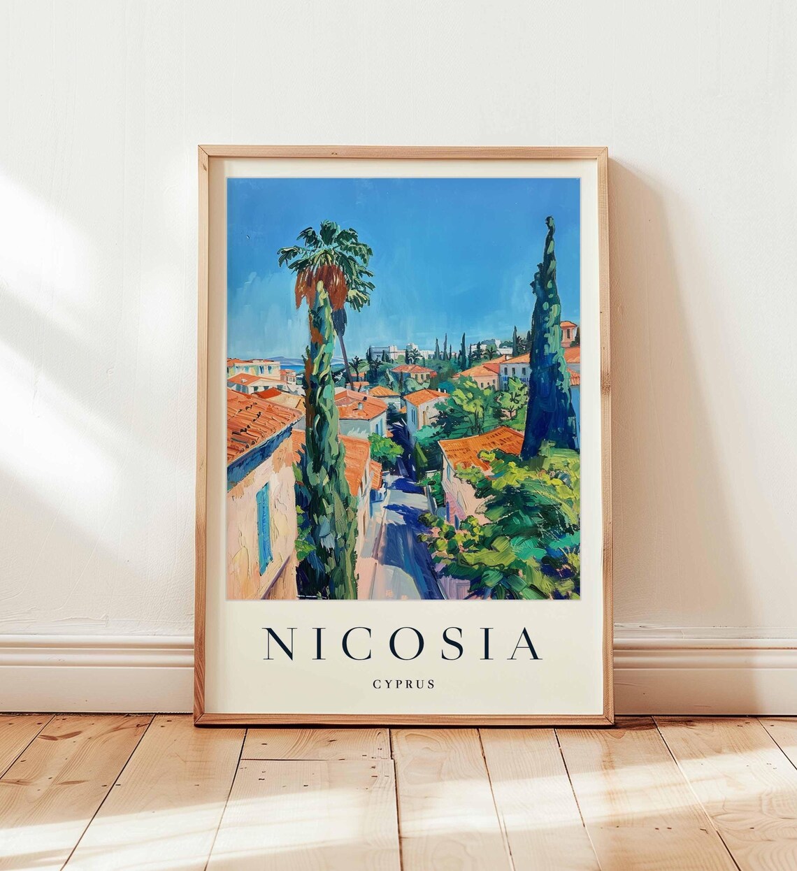 Nicosia Cyprus Tall Palm Cypress Street Sunny Rooftops Travel Poster