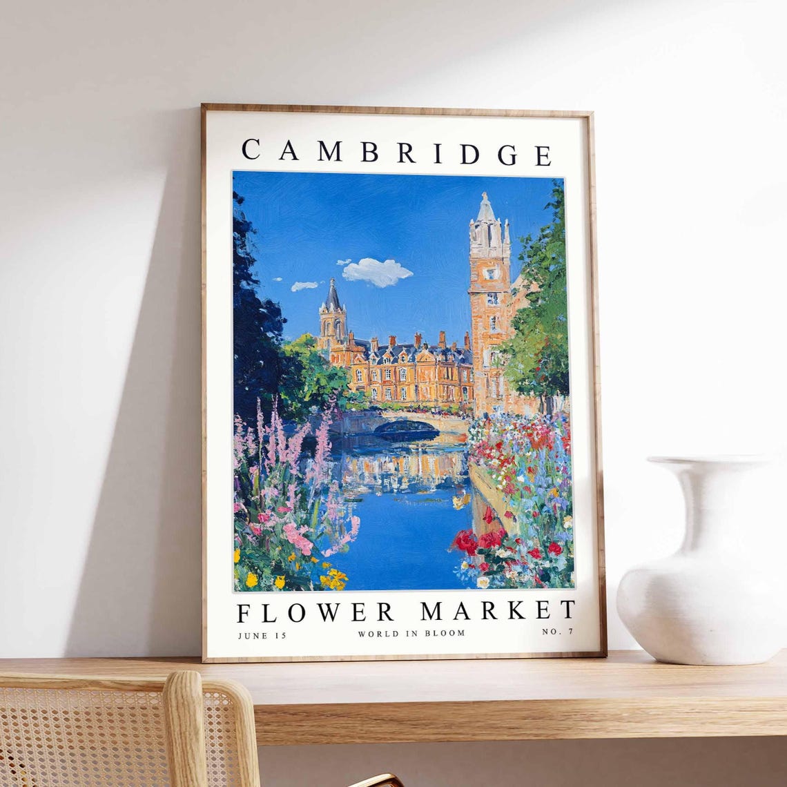 Cambridge Flower Market River Punt And Tall College Tower Poster