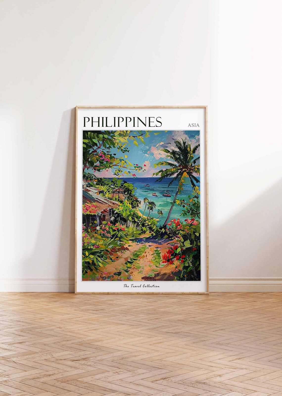 Philippines Asia Painted Tropical Beach Cove Palm Trees Boats Poster - Image 3
