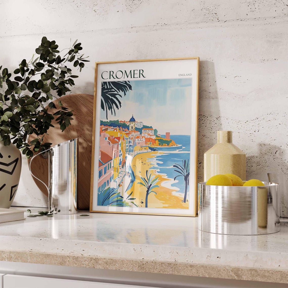 Cromer England Palm Trees and Golden Beach Curved Bay Art Poster - Image 2