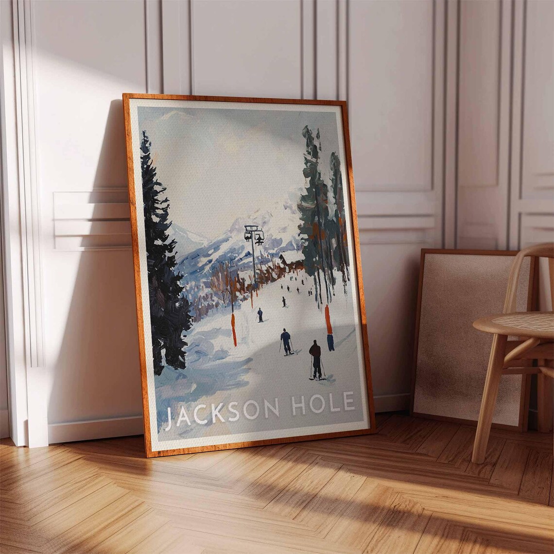 Jackson Hole Chairlift and Skiers Poster in Painterly Mountain Style - Image 2