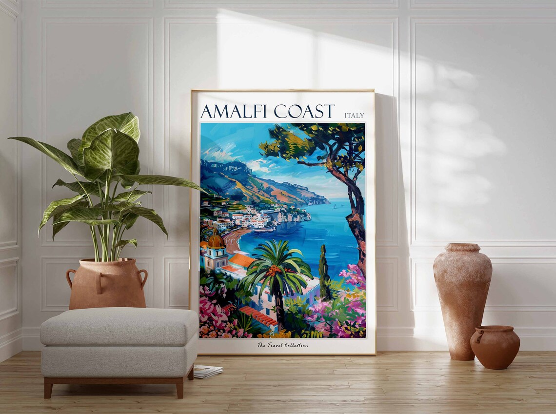 Amalfi Coast Italy Cliffside Village Sea View Painting Art Poster - Image 2