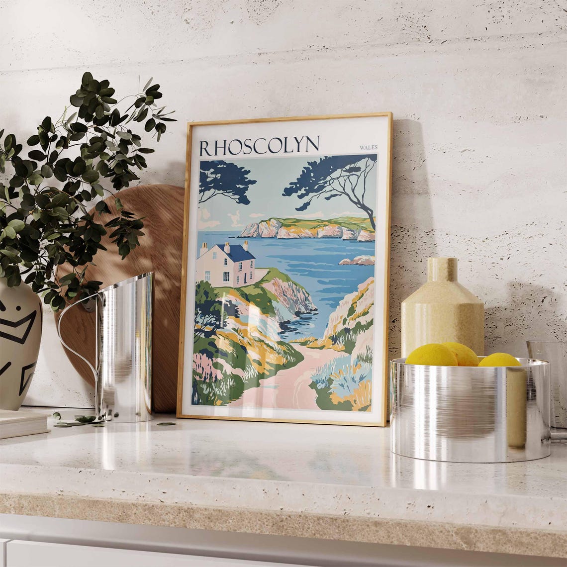 Rhoscolyn Wales Vintage Cliff Cottage Tree Framed Bay Poster - Image 3