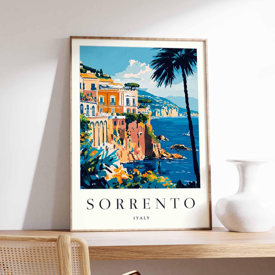 Sorrento Italy Palm Tree Clifftop Town Cruise Ship View Travel Poster