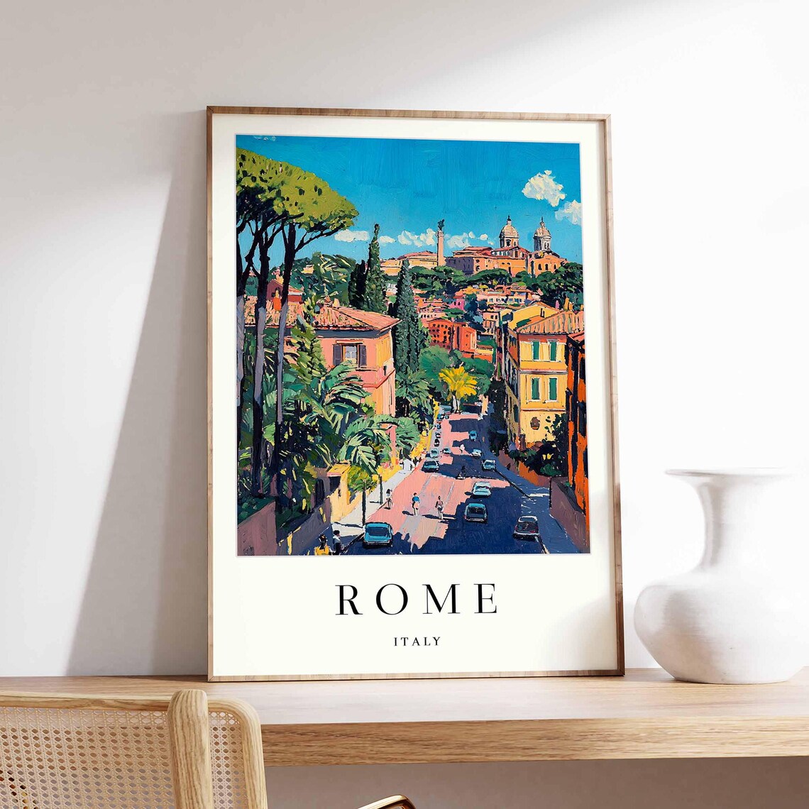 Rome Italy Street With Cars Leading To Twin Domes Travel Poster
