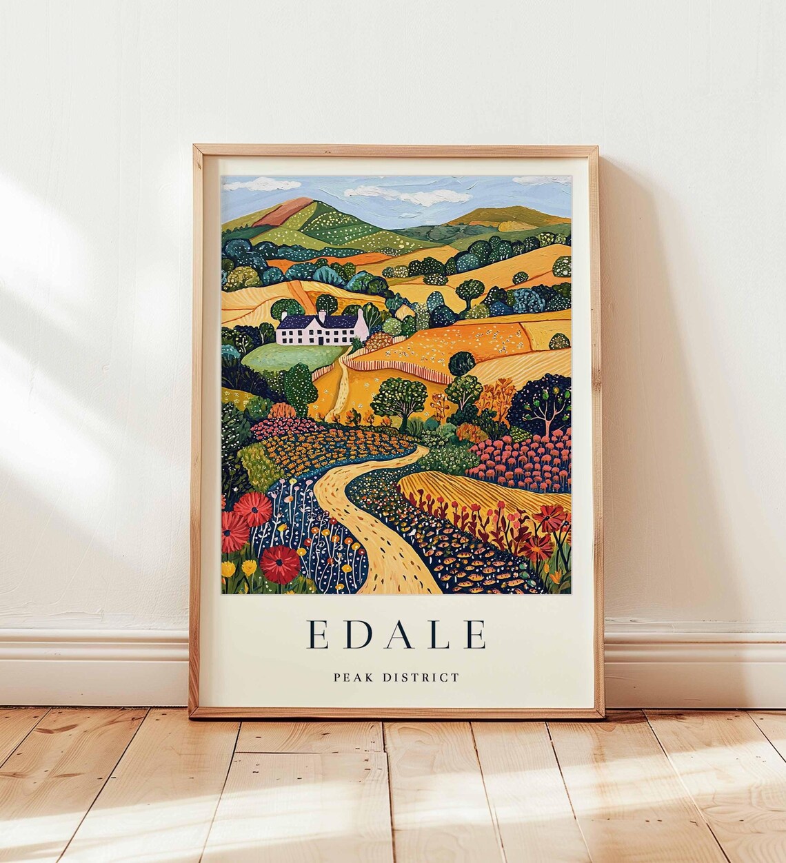 Edale Peak District Colorful Folk Art Farm Landscape Travel Poster