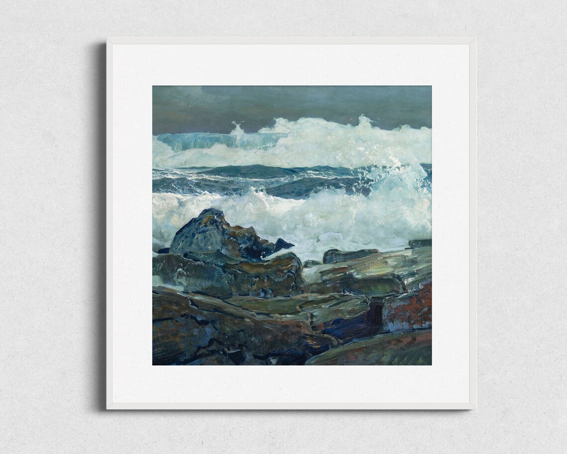 Dramatic Ocean Breakers Crashing Dark Rocks Stormy Seascape Vintage Art Poster - Image 2