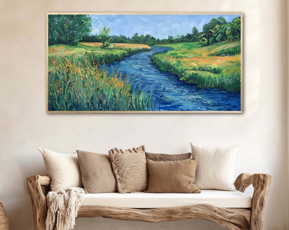 Emerald Green Meadow Peaceful Panoramic River Painting Print Bright Color Print For Calming Wall Art Perfect Lake House Gift