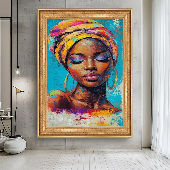 African Woman Colorful Headwrap Blue Portrait Painting Poster