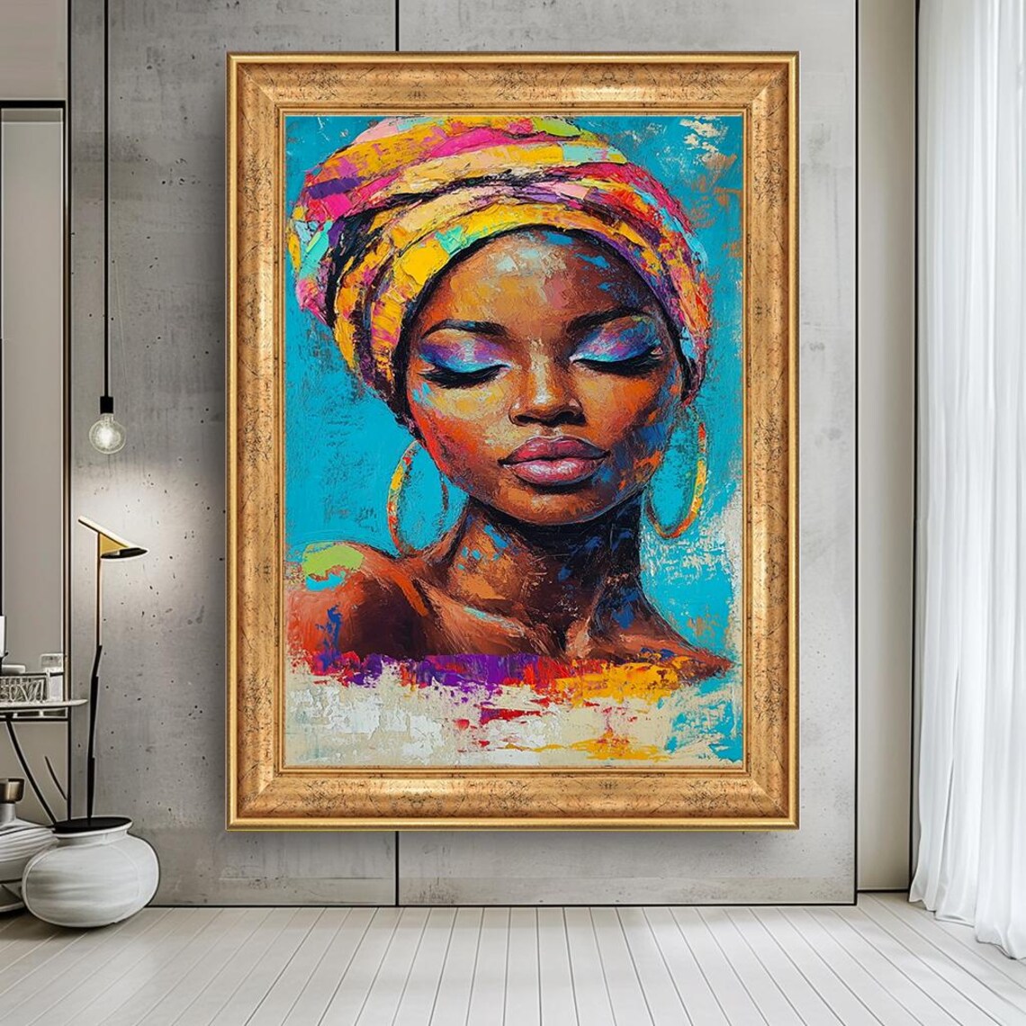 African Woman Colorful Headwrap Blue Portrait Painting Poster
