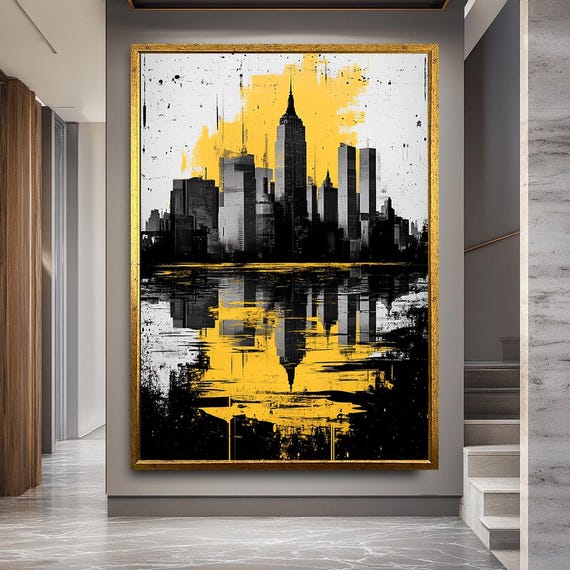 Abstract Cityscape Canvas Art Modern Urban Skyline With Yellow Splash