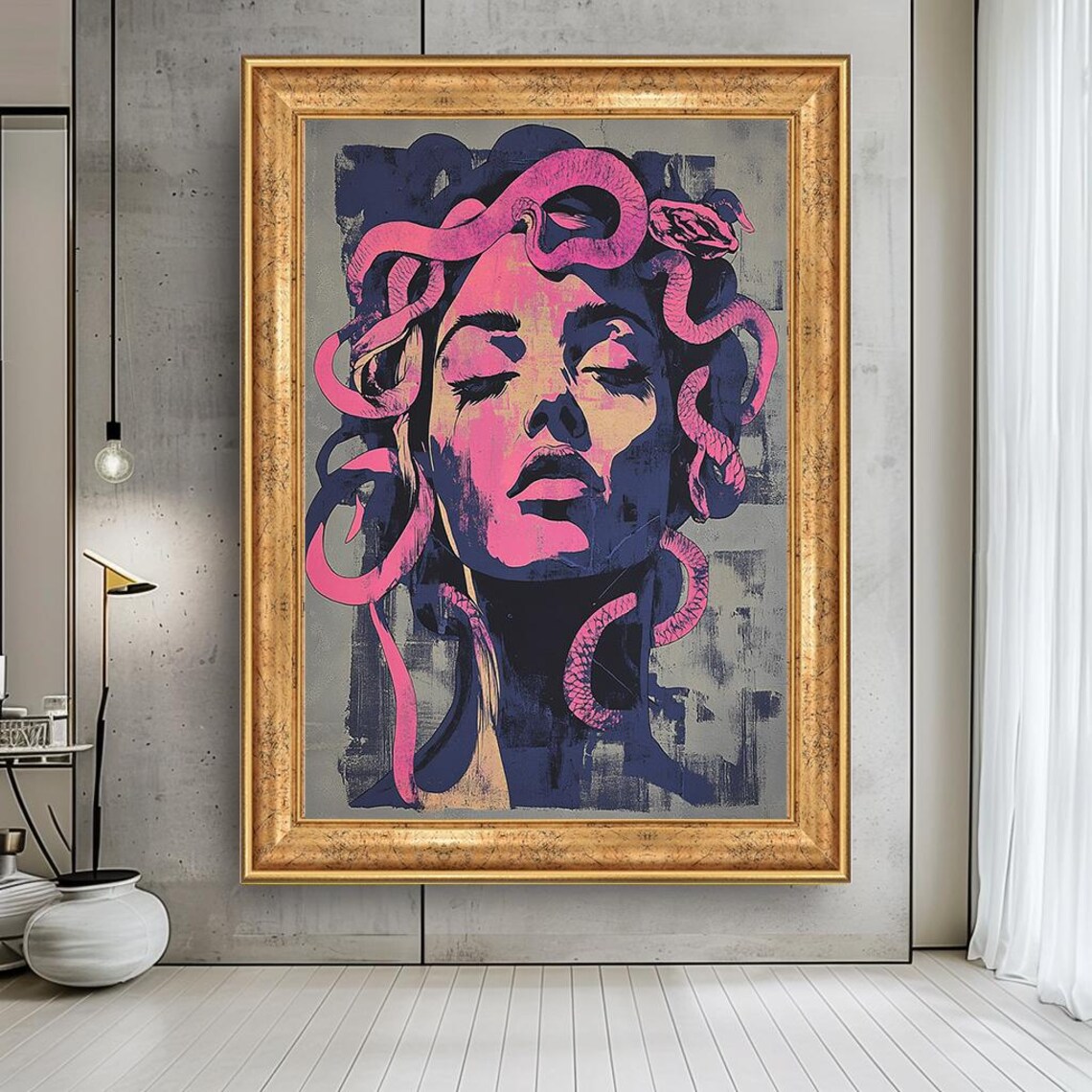 Medusa Pop Art Poster, Bold Pink Purple Portrait
