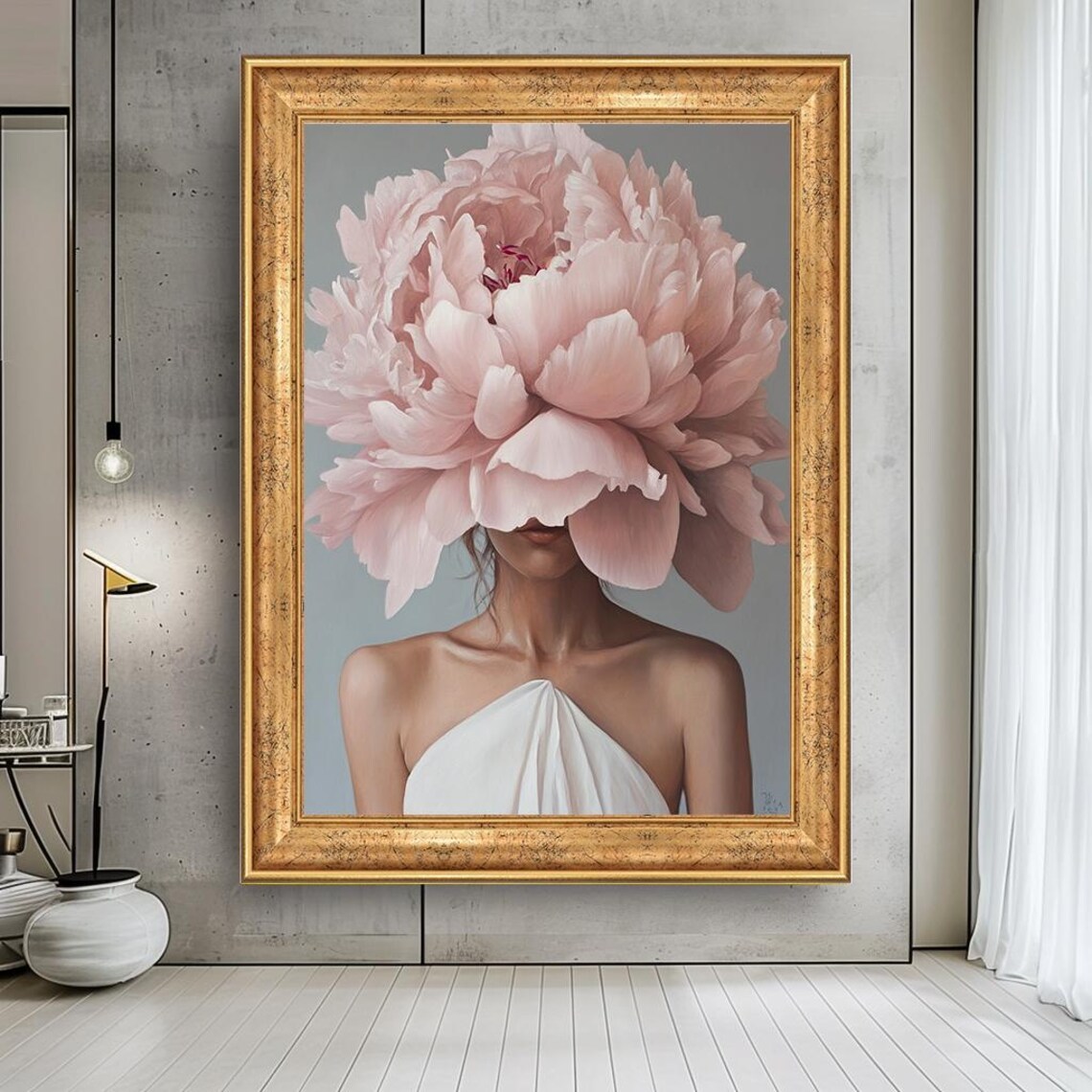 Woman With Giant Pink Peony Flower Face Surreal Portrait Canvas Print