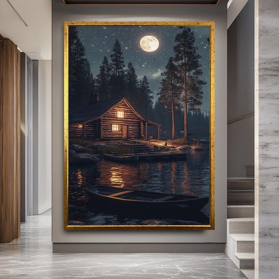 Moonlit Cabin Canvas Art Rustic Lake Landscape Wall Decor