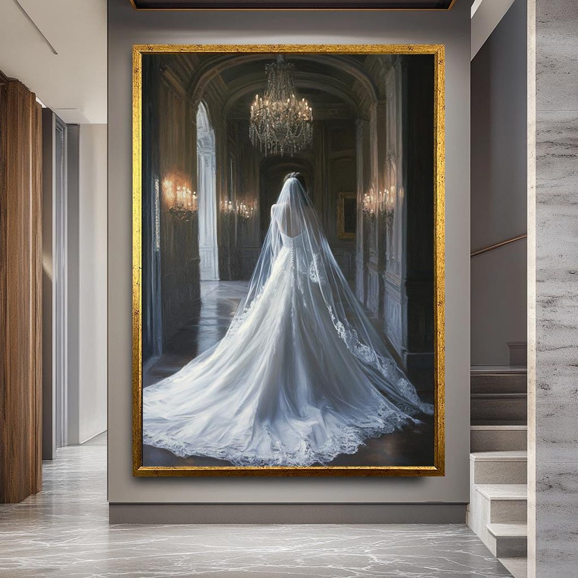 Elegant Bride In White Gown Grand Palace Hall Romantic Wedding Poster