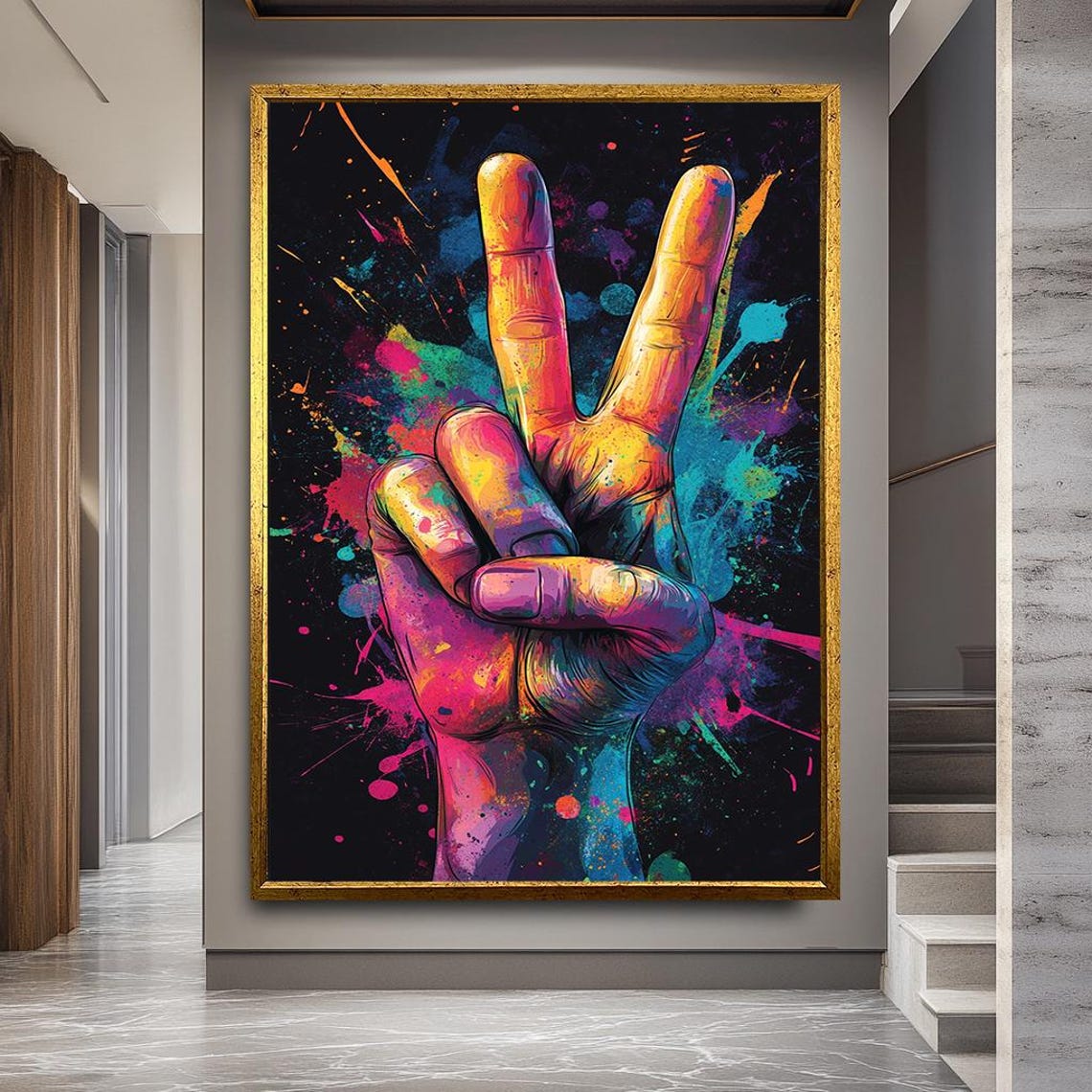 Peace Hand Sign Neon Graffiti Colorful Urban Pop Street Art Poster