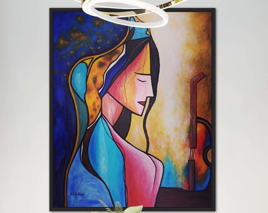 Cubist Colorful Woman Profile in Blue Yellow and Pink Poster